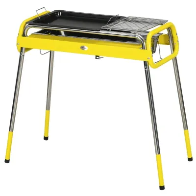 Kohlegrill, Klappgrill, 2 x Grillrost, Grillplatte, herausnehmbare Schale, rostfreier Stahl, 85 x 43 x 72 cm, Gelb