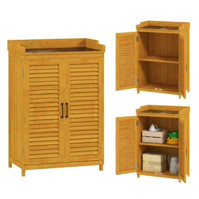 Gartenschrank mit Lamellentür und Arbeitsfläche, wetterfest Geräteschrank, 65,5x40x98,5cm