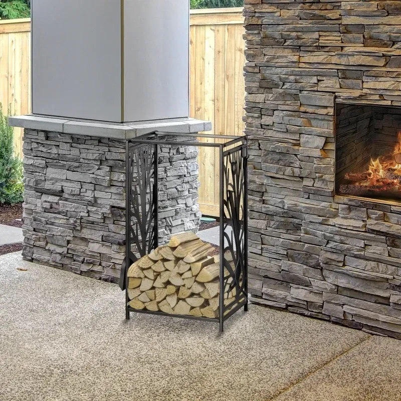 Kaminholzständer mit Kaminbesteck Erhöhtes Brennholzregal Feuerholzablage Stahl