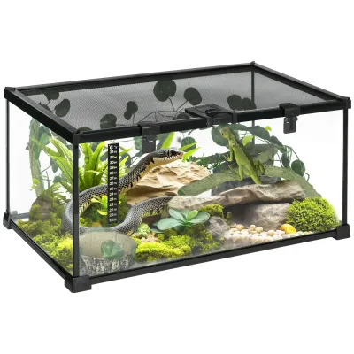 Starter-Set Glas-Terrarium 50L x 30B x 25H cm transparenter Deckel Schiebegitter Schwarz