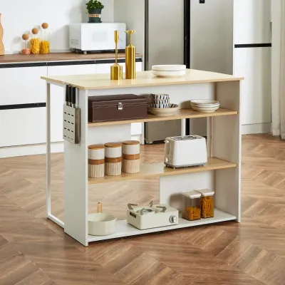 Kücheninsel, klappbare Arbeitsplatte, Messerhalter, 3 Regalfächer, Eichenoptik