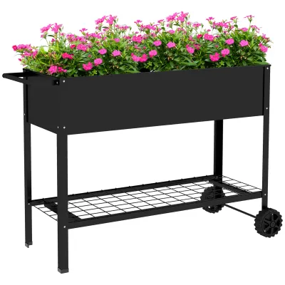Hochbeet Pflanzbeet Pflanzkasten, 1 Ablage, 2 Rollen, 109 cm x 44 cm x 80 cm, Schwarz