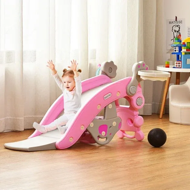 Multifunktionale Schaukelpferd-Rutsche mit Basketballkorb rosa