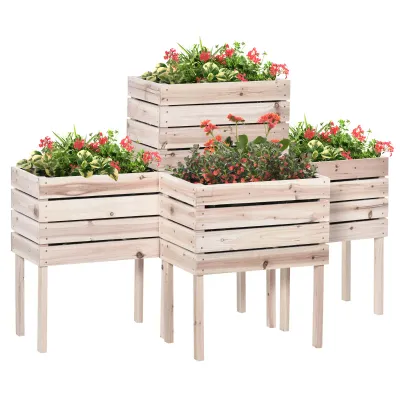 4 tlg Hochbeet-Set  Blumenkasten Pflanzenkasten, wetterbeständig, Massivholz, 50 cm x 30 cm x 60 cm, Natur