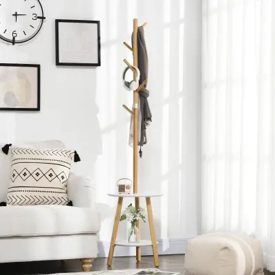 Garderobenständer mit Beistelltisch im Skandi-Design, Natur + Weiss