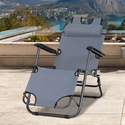 2 in 1 Sonnenliege mit Kissen, Klappbare Strandliege, 2-Stufige Gartenliege, Relaxliege, Metall + Oxfordstoff, Grau 118 x 60 x 80 cm