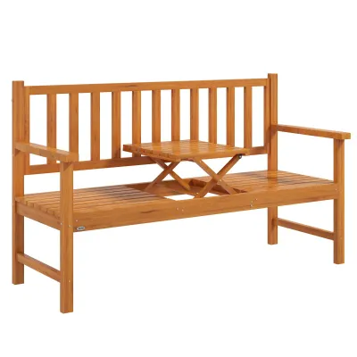 Gartenbank Holzbank Outdoor-Bank, ausklappbarer Tisch, wetterbeständig, Massivholz, 153 cm x 56 cm x 91 cm, Hellbraun