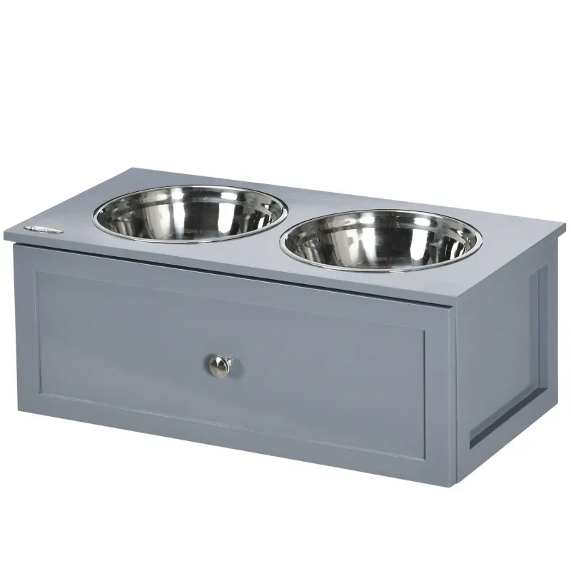 Futterstation – 2 Fressnäpfe, 2L, Schublade, mittlere Hunde, Grau