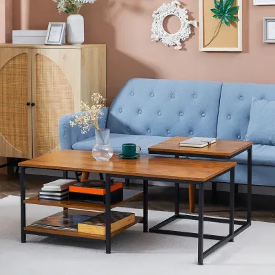 Couchtisch-Set mit Beistelltisch, zwei Regalböden, Stahlrahmen, Holzoptik