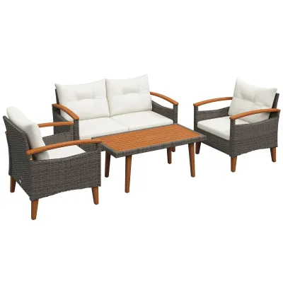4-teiliges Rattan-Gartenmöbel-Set 2-Sitzer-Sofa 2 Sessel Kissen und Akazienholzplatte Creme