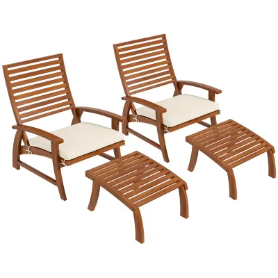 2er Set Gartenstühle - Relaxstühle mit Fusshockern - 4-teiliges Set aus Akazienholz mit cremefarbenen Kissen