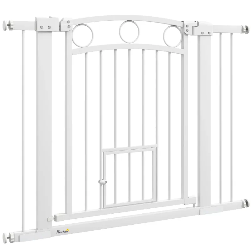 Hundegitter Treppengatter 76–104 cm, weiss, mit Katzentür, doppelte Verriegelung