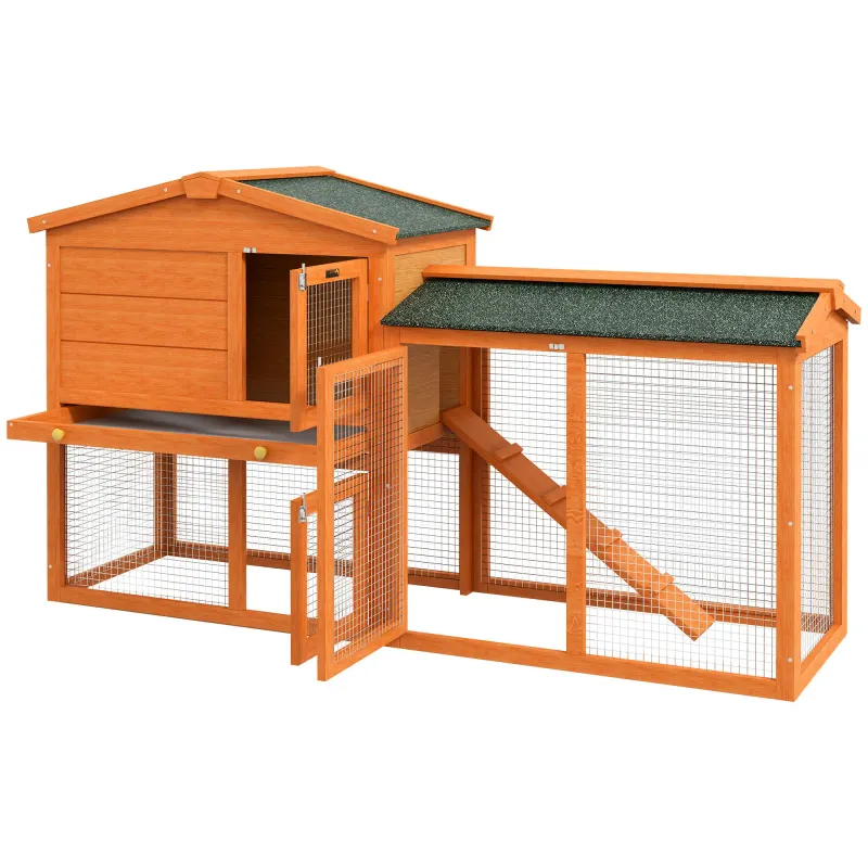 Hasenstall, Kleintierkäfig, Outdoor-Kaninchenstall, Freilaufgehege, winterfest, Massivholz, 150 x 45 x 85 cm, Orange