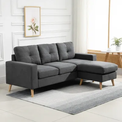 Ecksofa im Skandidesign, mit Knopfheftung, Massivholz, Leinenoptik, Grau