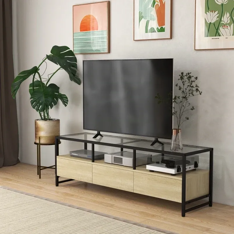 TV-Bank im Industriedesign, Glasplatte, Natur + Schwarz