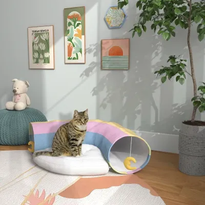 2in1 Katzentunnel mit Katzenspielzeug, Katzenbett, verspieltes Design, Mehrfarbig