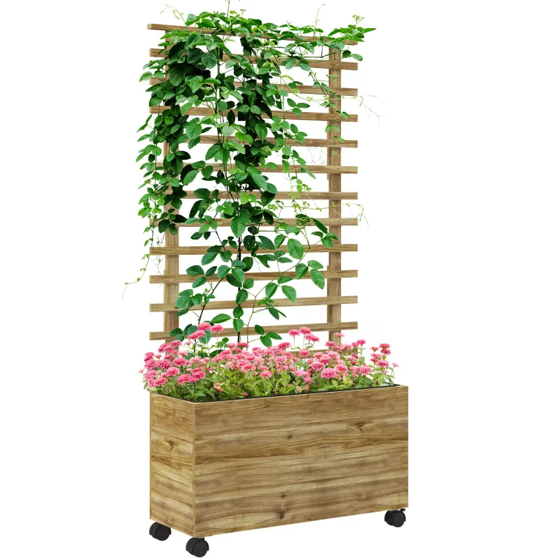Pflanzkasten mit Spalier auf Rädern, Naturholz, wetterfeste Lackierung, Naturholz, 76 x 30 x 155 cm