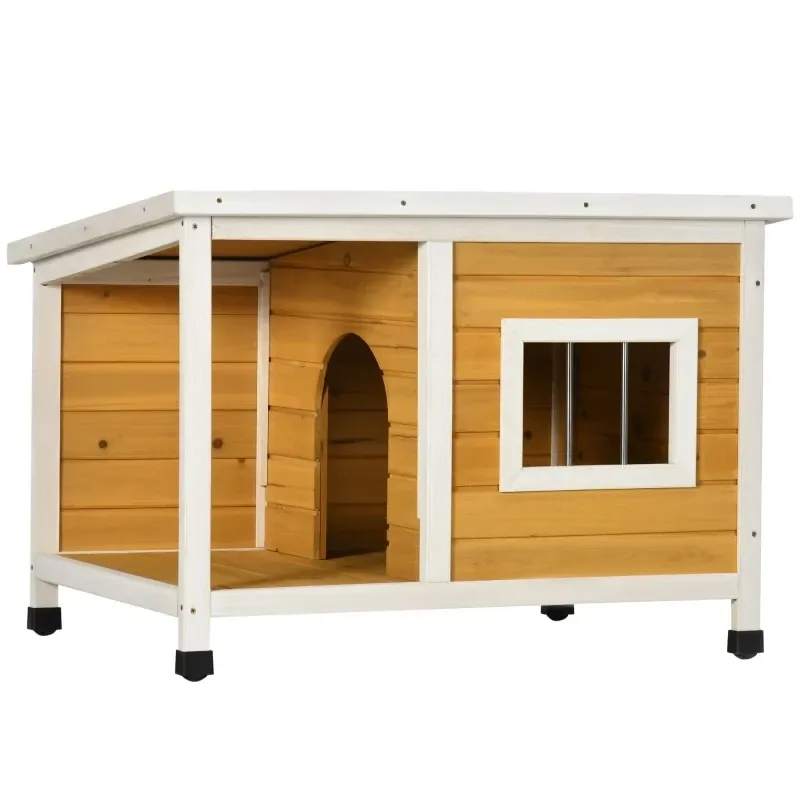 Hundehütte Veranda – aufklappbares Dach, Fenster, Naturholz, Orange