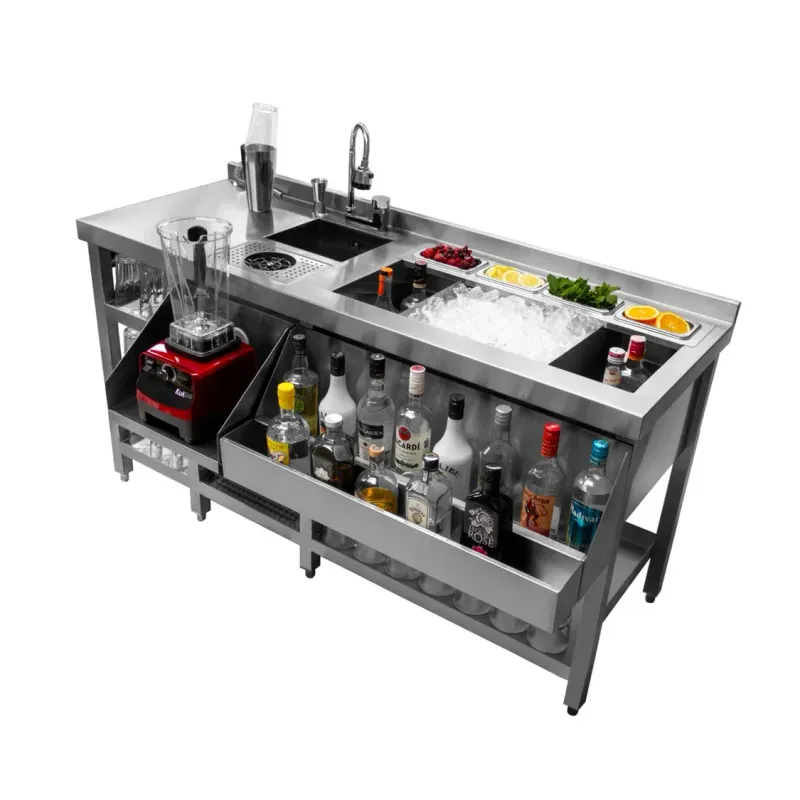 Deluxe Cocktail Bar Station aus Edelstahl #304 | 91 l Eisbehälter, 3‑Stufen Regal, 360° Mischbatterie, inkl. Boston Shaker