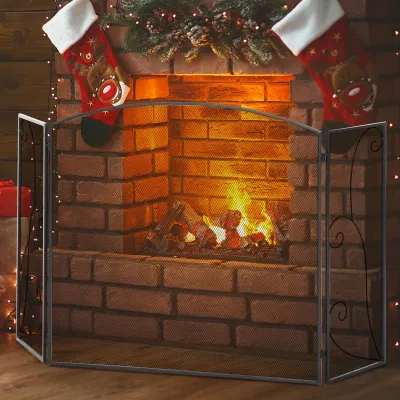 Kaminabdeckung, Kaminschutzgitter, Funkenschutz für Kamine, 3 Paneele, klappbar