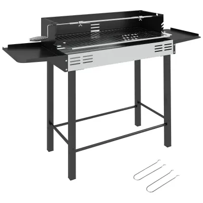 Holzkohlegrill Grill BBQ-Grill, verstellbares Rost, 1 Drehspiess, 118 x 32 x 90 cm, Schwarz + Silber