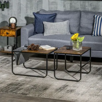 2er-Set Beistelltische im Industriedesign, 1 abnehmbares Ablagefach, stapelbar, Couchtisch, Braun + schwarz