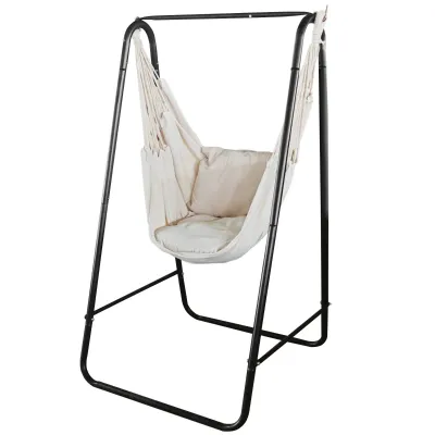 Garten Hängesessel mit Gestell, Kissen, Armlehne, Haken, weiss creme Garten Hängesessel mit Gestell, Kissen, Armlehne, Haken, weiss creme