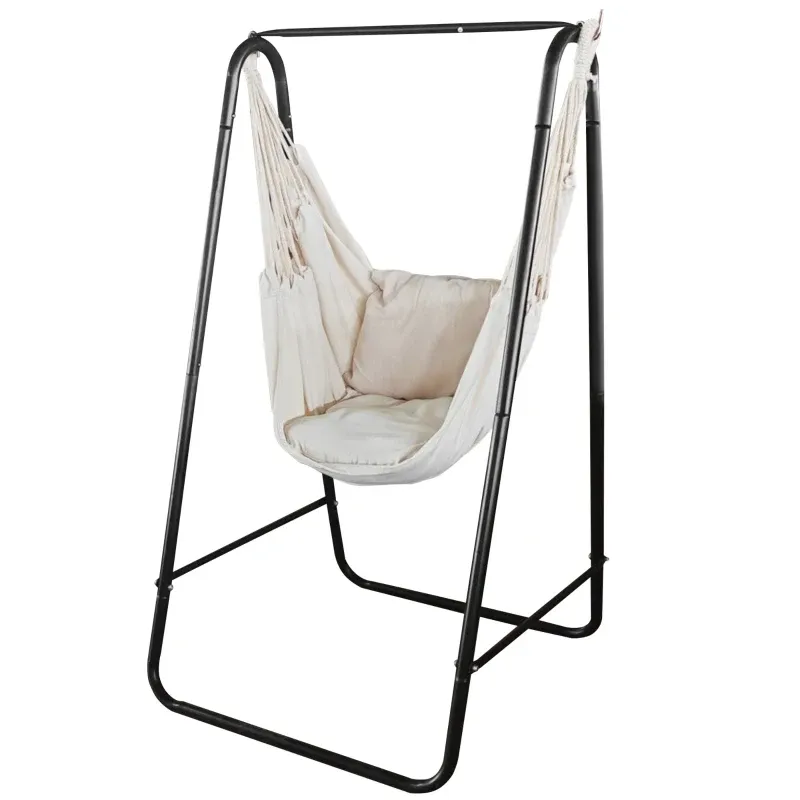 Garten Hängesessel mit Gestell, Kissen, Armlehne, Haken, weiss creme