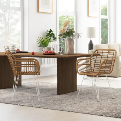 2-er-Set Stühle im Boho-Stil, Küchenstühle, PE-Rattan,Natur + Weiss