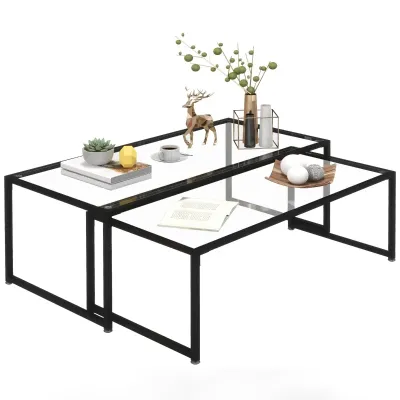 2er-Set Couchtisch, Glastisch, Stahl, Schwarz + Transparent