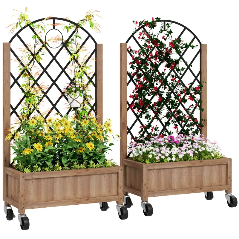 2er Set Hochbeet Blumenkübel mit Rollen, Rankgitter, Spalier Pflanzkübel Blumenkasten Holz 152x25x97cm Braun