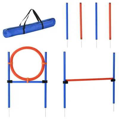 Hunde Agility Set 3-in-1 – Slalom, Hürde, Sprungring, Blau+Rot