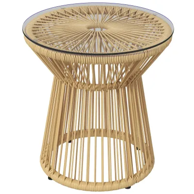 Rattan-Outdoor-Beistelltisch Boho-Stil Gartentisch Glasplatte, 40 cm x 40 cm x 42 cm Beige