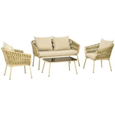Gartenmöbel-Set, 4-teilig, dekoratives Rattandesign, Tisch mit Glasplatte, inkl. Sitzkissen, wetterfest, Khaki