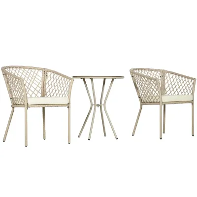 Rattan Gartenmöbel-Set, 2 Stühle und Glastisch, Sitzauflagen, Metallrahmen, Khaki
