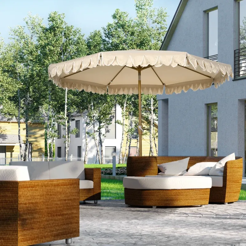 Sonnenschirm, mit Fransen, neigbar, mit Handkurbel, Stahl+Polyester, khaki, Ø264 x 240 cm
