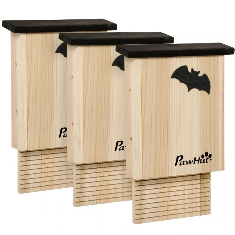3er-Set Fledermaus-Nistkasten, wetterbeständig, Tannenholz, Natur + Schwarz