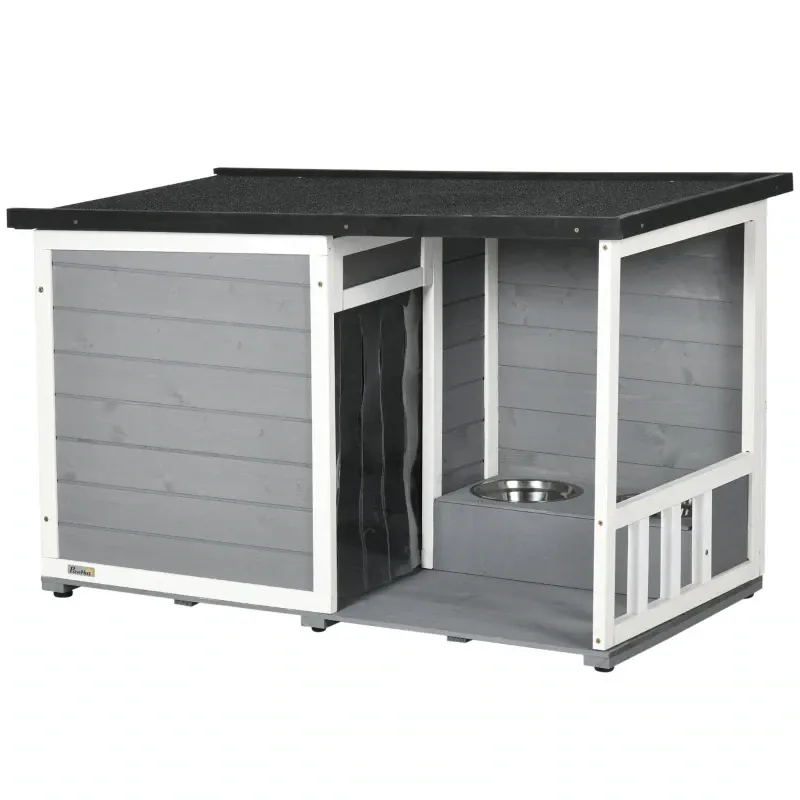 Hundehütte Massivholz – 2 Fressnäpfe, Veranda, wetterbeständig, Grau/Weiss