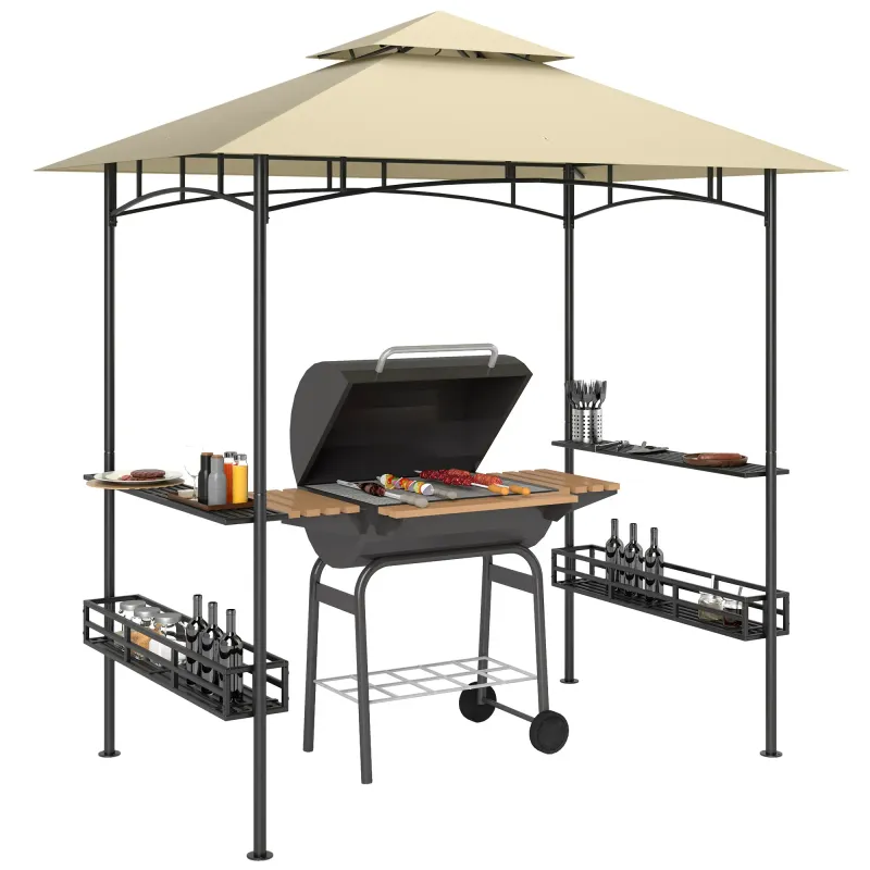 Grill-Zelt, BBQ-Zelt, Gartenpavillon mit 2 Regalen, Aufbewahrungskörbe, Haken, für Terrasse, Beige