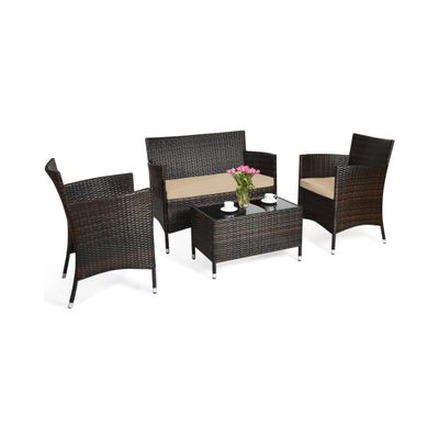 4-teiliges Rattan Gartenmöbel Set mit Sitzkissen Braun