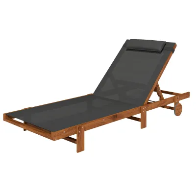 Sonnenliegestuhl aus Holz mit verstellbarer Rückenlehne in 4 Positionen Rädern und Kopfstütze, Schwarz