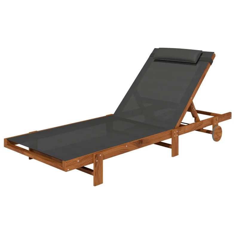 Sonnenliegestuhl aus Holz mit verstellbarer Rückenlehne in 4 Positionen Rädern und Kopfstütze, Schwarz