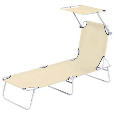 Sonnenliege klappbar Gartenliege mit Dach, Liegestuhl mit 4-Fach verstellbare Rückenlehne, Beige