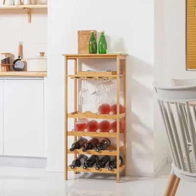 Weinregal, für 16 Weinflaschen &amp; 9 Weingläser, 5 Etagen, Ablage, Bambusholz