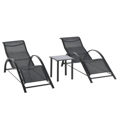 Gartenlounge-Set, 2 Liegen mit Beistelltisch, atmungsaktiver Stoff, stabiler Metallrahmen, Schwarz