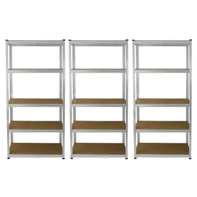 Set: 3 x E‑Rax Lagerregal 90 x 40 x 180 cm, Silber – galvanisierter Stahl, 5 Böden, 200 kg/Boden, schraubenlos