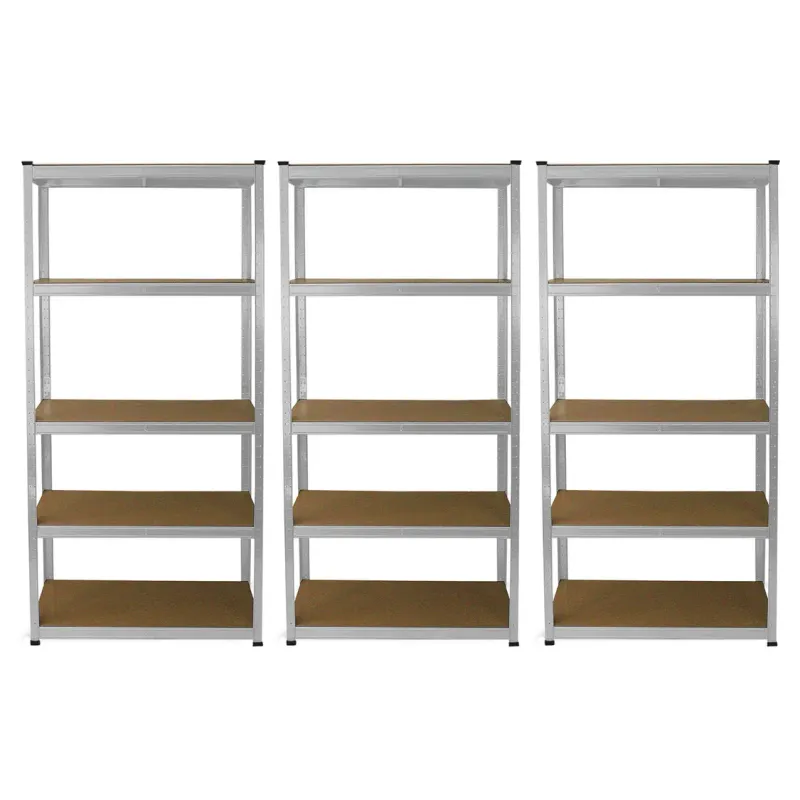 Set: 3 x E‑Rax Lagerregal 90 x 40 x 180 cm, Silber – galvanisierter Stahl, 5 Böden, 200 kg/Boden, schraubenlos