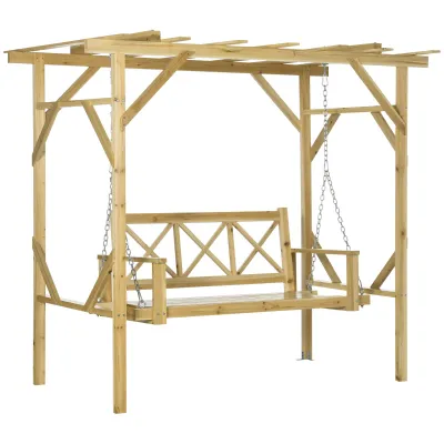 Holz-Hollywoodschaukel, Schaukelbank mit Pergola, für 2 Personen, höhenverstellbar, Massivholzrahmen, 2,21 x 1,40 x 1,96 m
