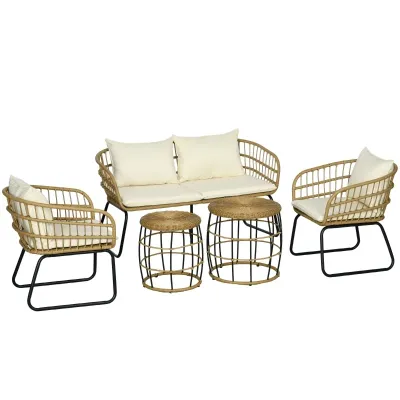 Rattan Lounge-Set Outdoor-Sitzgruppe, Boho-Stil, 5-teilges Set, Creme + Natur + Schwarz Rattan Lounge-Set Outdoor-Sitzgruppe, Boho-Stil, 5-teilges Set, Creme + Natur + Schwarz
