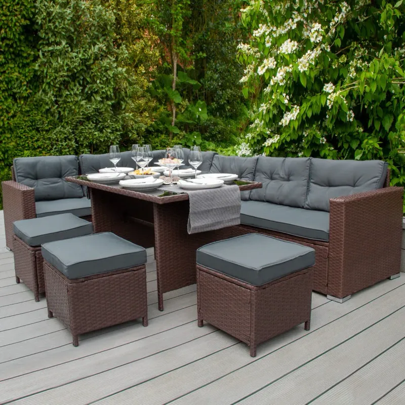 Polyrattan Gartenmöbel Set braun – Rattan Eckgarnitur für 9 Personen mit Kissenbox + Regenschutz